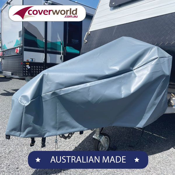 Grey hitch and drawbar cover fitted on caravan drawbar and hitch