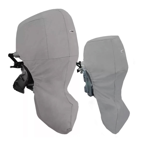 Grey Honda outboard motor cover - full coverage for storage, towing and trailering.  Buy online from Coverworld Sunshine Coast. Suits honda outboard sizes - BF250 - V6 3.6L, BF200, BF225, BF250 - V6 3.6L, BF175, BF200, BF225 - V6 3.5L, BF115, BF135, BF150