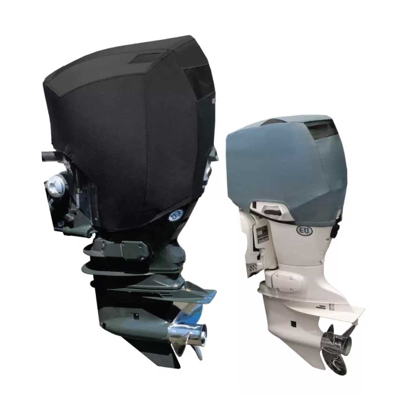 Custom fit outboard cover made specifically for evinrude outboard motors. Available in blue/grey and black for certain evinrude engine sizes