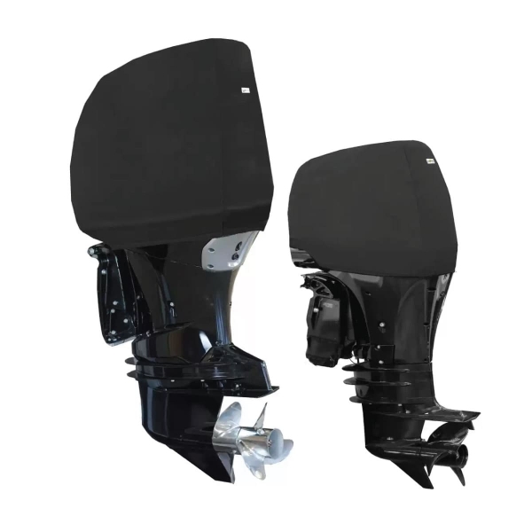 Black Suzuki outboard motor cover - half coverage cowling cover - good for towing and storage.  Buy online from Coverworld Sunshine Coast. Suits suzuki outboard motors DF100A, DF115A, DF140A - 4 CYL 2.0L, DF115BG, DF140BG - 4 CYL 2.0L, DF140, DF150, DF200