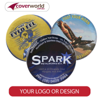 Three custom print spare tyre covers with different designs including sports logo, eagle image, and company advertisement